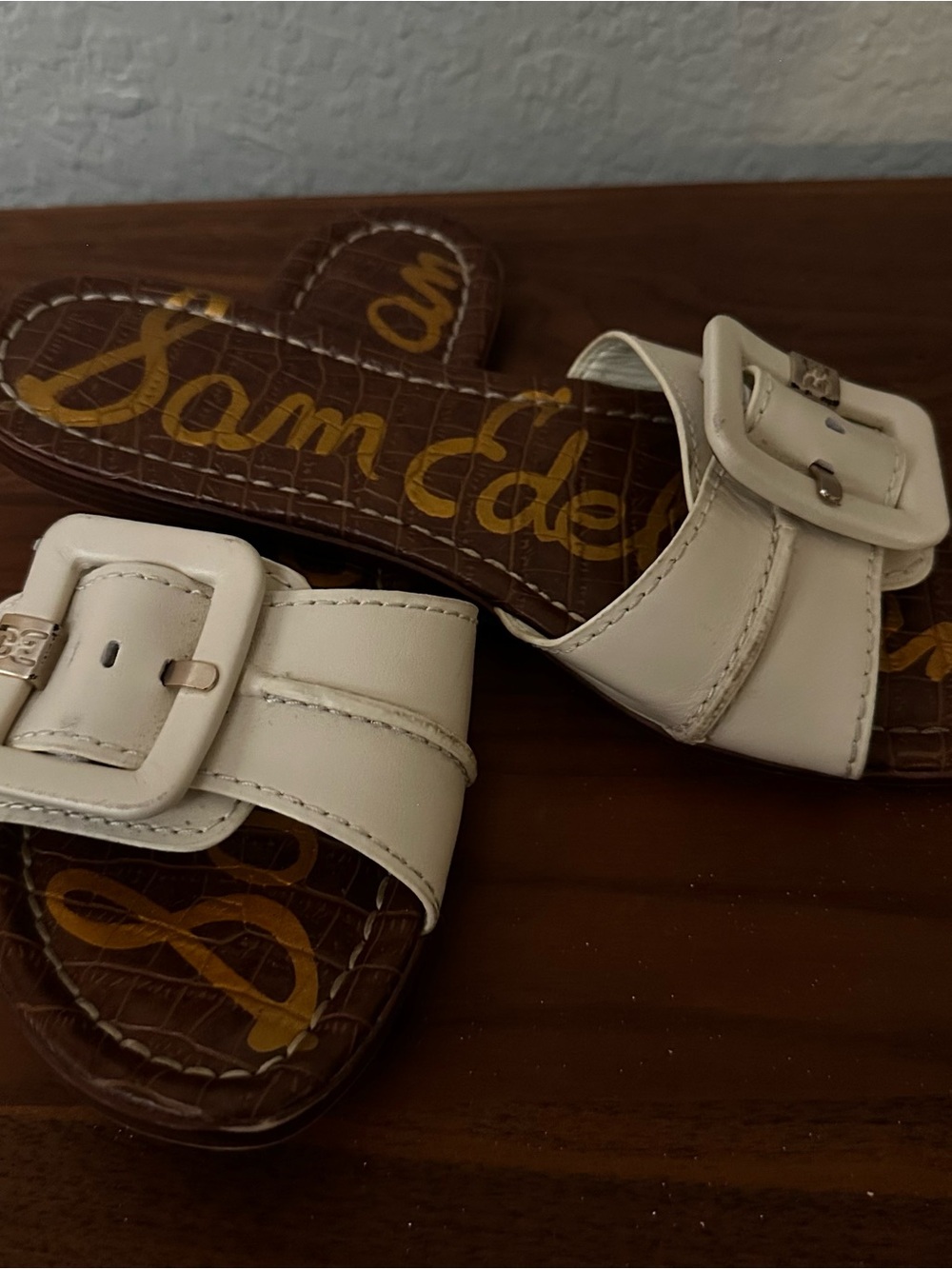 Sam Edelman White Leather Buckle Slide Sandals